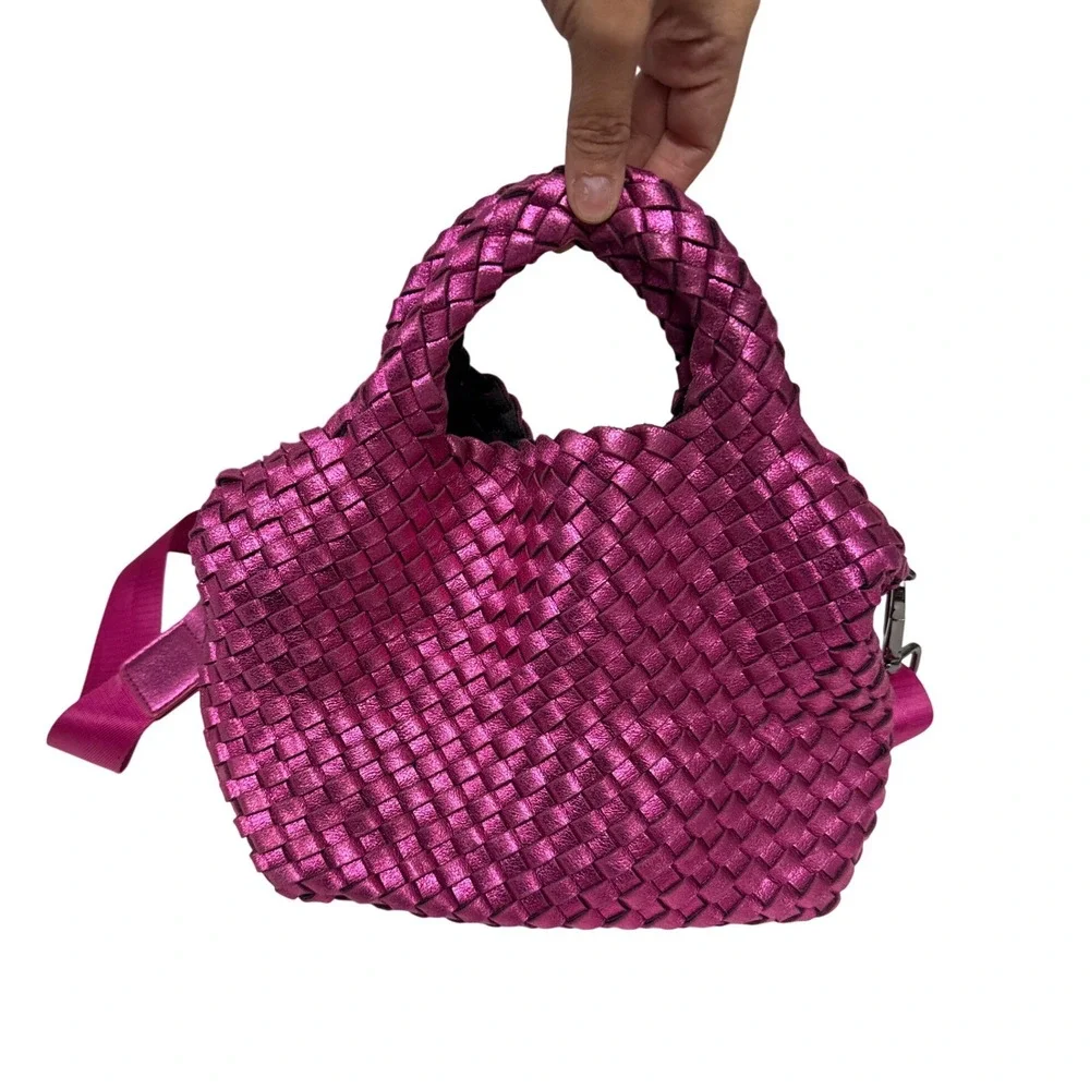Naghedi St. Barths Mini Tote Womens Metallic Pink Woven Neoprene Crossbody EUC